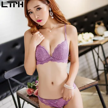 

LTPH 2020 Summer new arrival sexy Lace hollow lingerie set Wire Free deep V Push Up Solid color comfortable Adjusted-straps bra