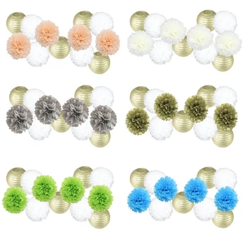 

12pcs/set Gold/Silver Set Round Hanging Paper Ball lanterns Honeycomb Tissue Pom Pom For Summer theme Party Decoration