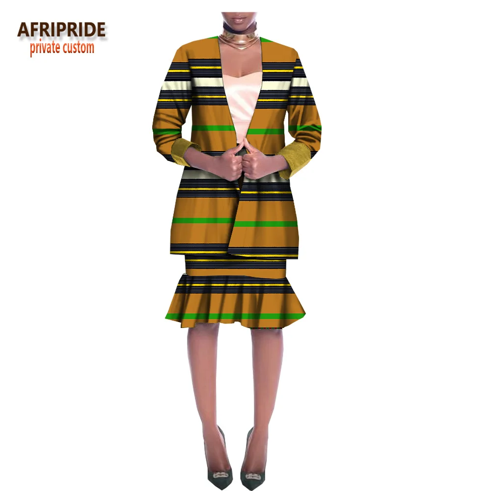 Afripride, африканская мода, юбка и пиджак, костюм для женщин, сделанный на заказ, топ на одной пуговице+ Юбка До Колена, Женский хлопковый костюм A1826015 - Цвет: 546J