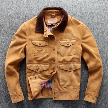 

2020 men's safari style cow suede RL copy Multi-pocket real leather coat men yellow single breasted casual jacket male