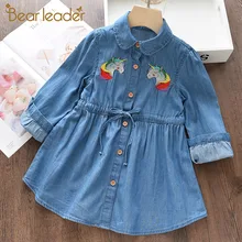 Bear leader/платья для девочек; новое платье принцессы; детское джинсовое праздничное платье с вышитым единорогом для девочек; одежда для детей 2-7 лет