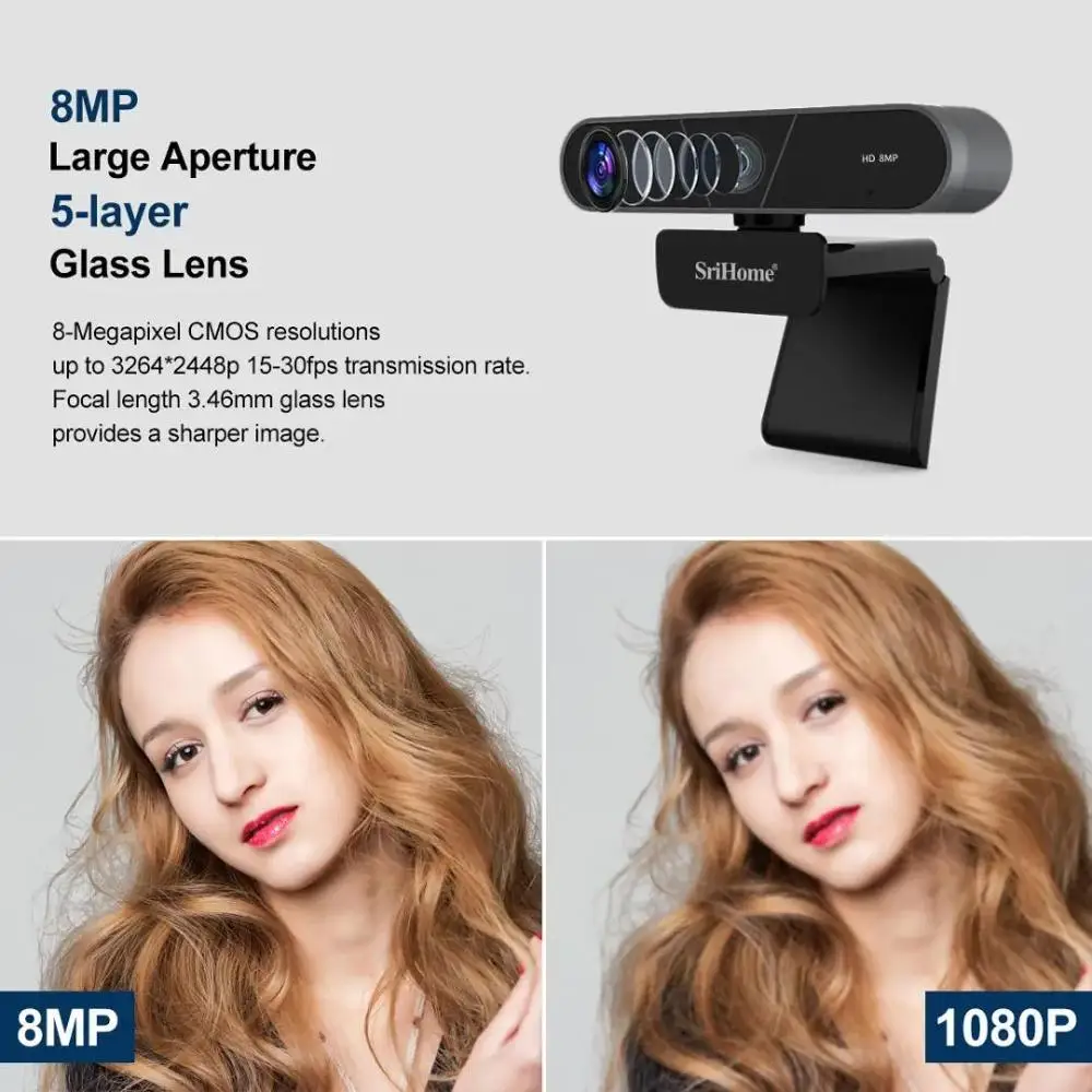 Srihome 4K FHD 8MP веб камера с двойным микрофоном автофокусом USB Plug & Play для Vdeo