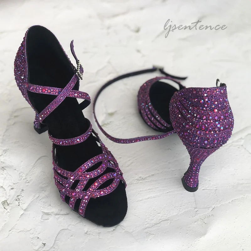 Zapatos de baile latino con purpurina para mujer, zapatos de baile de salsa  latina con suela de goma, tacón de 3.5/5.5/2.6 in (color morado, 1.4 in