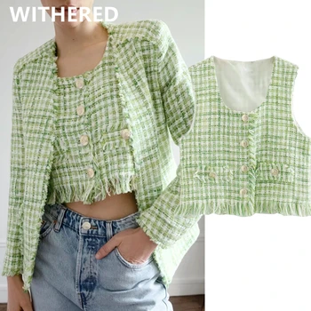 

Withered england style vintage soft tweed plaid short sleeveless jacket women casaco feminino jaqueta feminina vest women tops