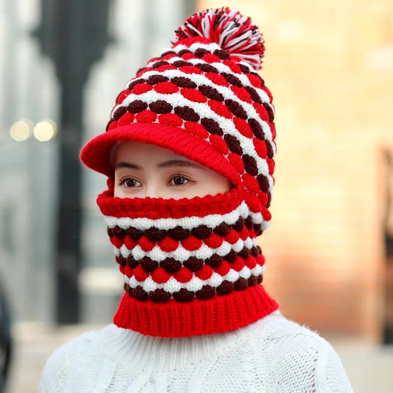 red hat Модная зимняя шапка, шарф, комплект для женщин, теплая шапка бини для девочек, кольцо, шарф, помпоны, зимние шапки, вязаные шапки, шарф, комплект - Цвет: red hat