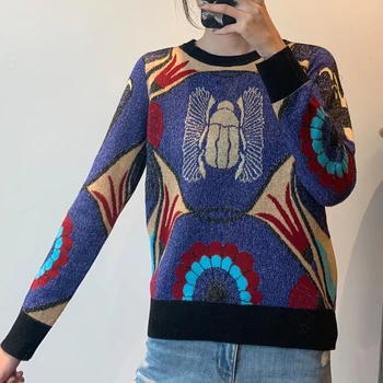 

Luxury Brand Designer Knitted Sweater For Women Vintage lurex Jacquard Abstract Beetle long Sleeve Pullovers Ladies Jumper B082