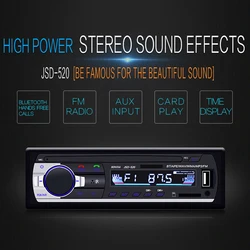 Radio de coche ESTÉREO FM entrada Aux, receptor Sd USB 12V en el tablero, reproductor Multimedia MP3 automático, máquina de tarjeta Bluetooth JSD520