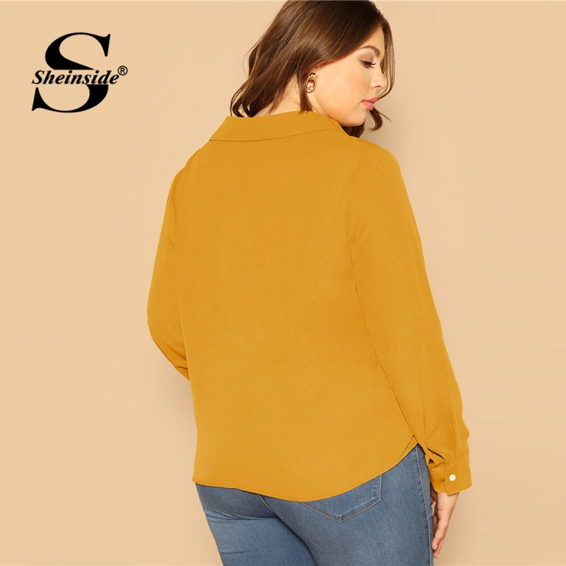 Sheinside плюс размер Элегантная спереди твист деталь блузка для женщин осень длинный рукав блузки дамы желтый минималистичный Топ