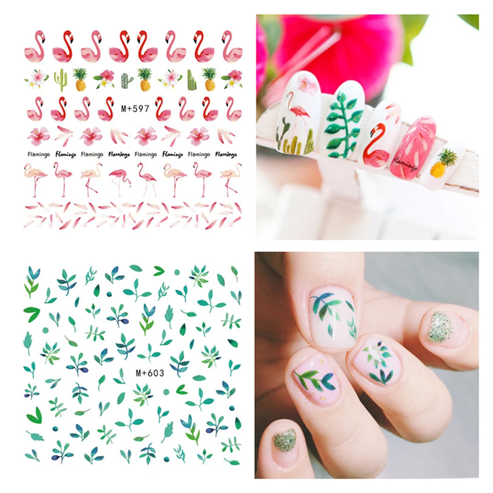 Hot 12 Sheets Waterproof 3D Leaves Flamingo Pineapple Nail Sticker Adhesive Decor