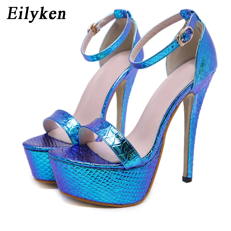 Blue EilyKen/ дизайн; женские босоножки на платформе и высоком каблуке; сезон лето; цвет синий; Змеиный; с открытым носком; пикантные женские Клубные туфли с ремешком и пряжкой на щиколотке - Цвет: Blue