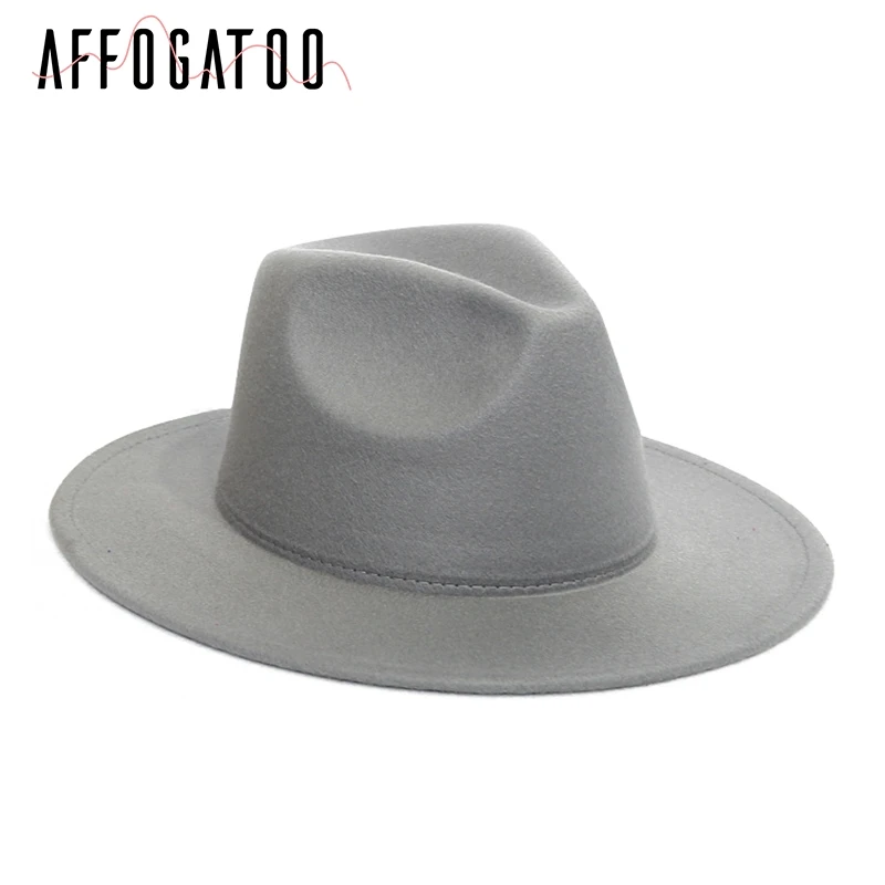 Серый Afogatoo элегантная шерстяная Фетровая Шляпа Fedora с широкими большими полями, винтажная женская элегантная Осенняя Зимняя шляпа-федора, одноцветная женская шляпа от солнца - Цвет: Серый