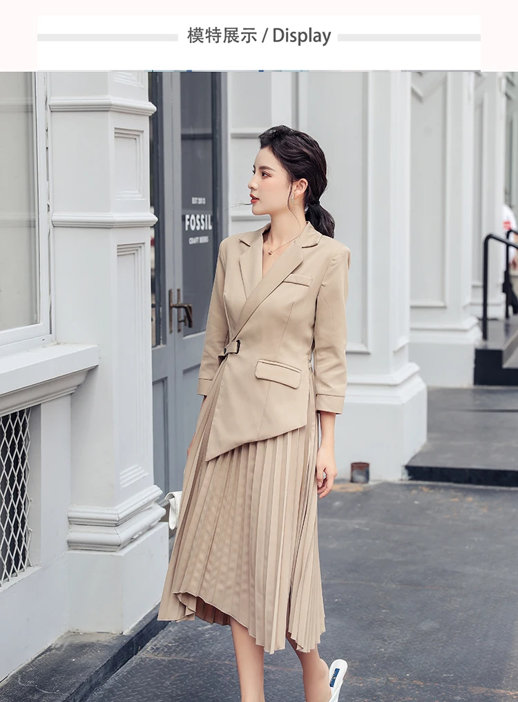 Notched Neck Pleated Dress Women Autumn Winter Casual 3/4 sleeve A-line Dresses office OL Wear To work Business Vestidos