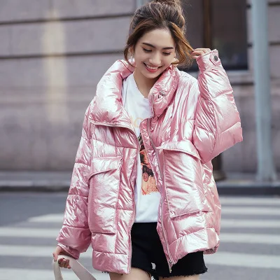 Женские куртки на осень и зиму, большие размеры, пушистый пуховик со стоячим воротником, Женская Зимняя яркая короткая куртка для студентов, свободная парка - Цвет: Розовый