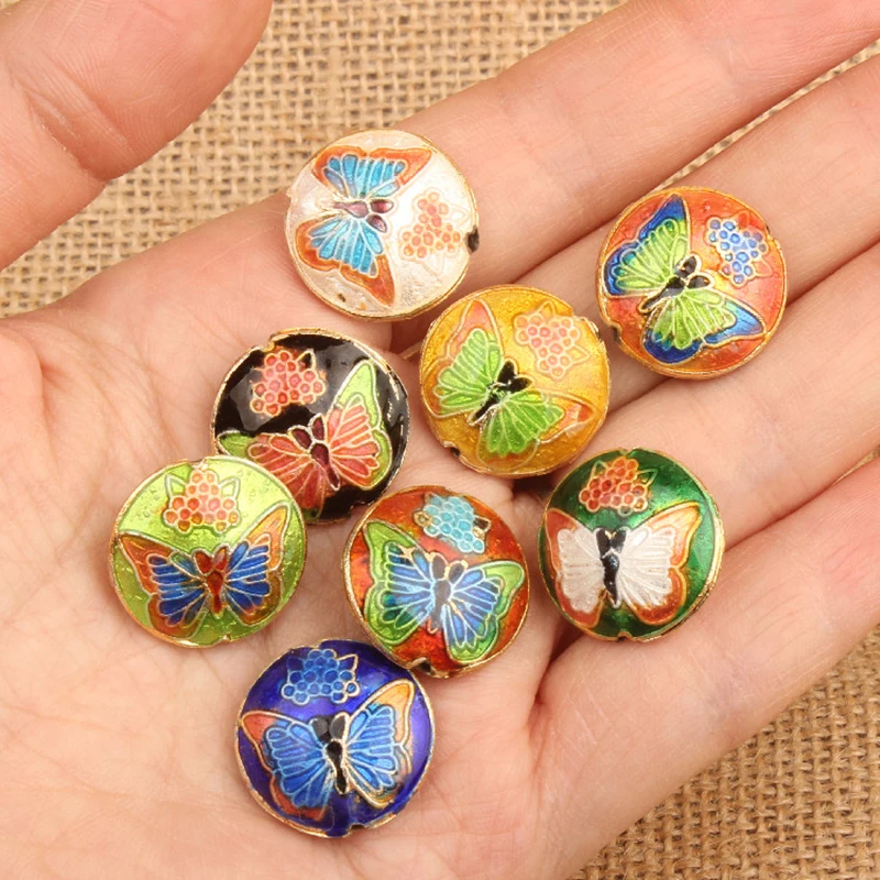 2pcs Cloisonne Silver Burn Blue Round Butterfly Beads Enamel Filigree Accessories DIY Jewelry Making Bracelet Earrings Necklace