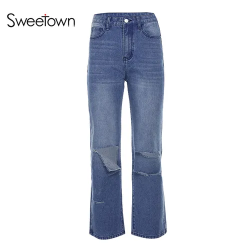 Sweetown/черные повседневные женские мешковатые штаны с дырками в стиле панк, уличная одежда с карманами, брюки с высокой талией, синие корейские рваные джинсовые штаны - Цвет: blue