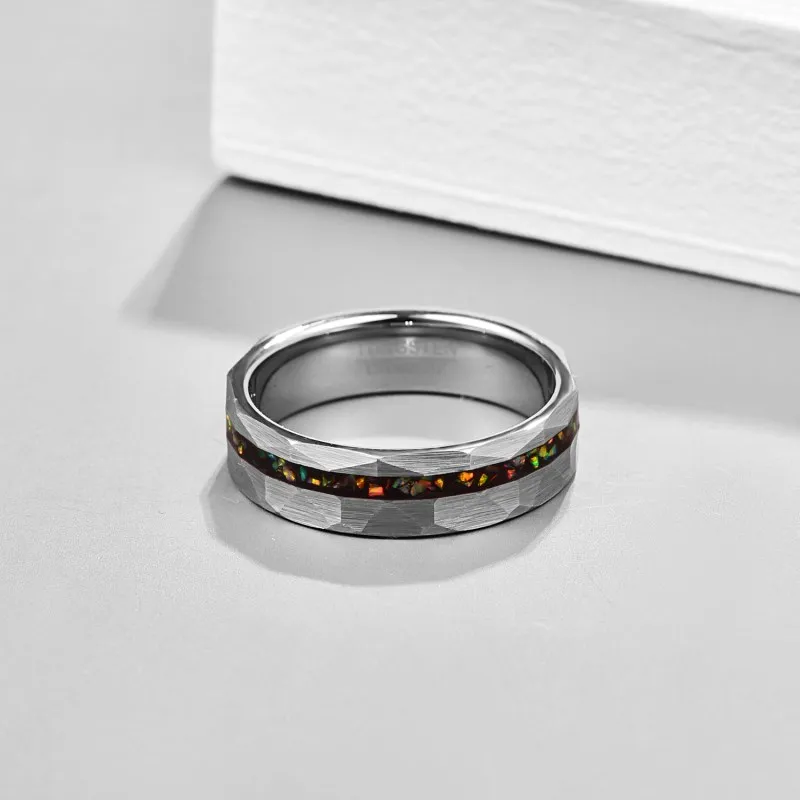 Bohemia Hammered Fine Sand Inlaid Opal Tungsten Steel Rings Silver Color Wedding Bands