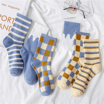

Cotton Women Socks 6 Plaid Colors Blue Khaki Beige White Casual Harajuku Female Crew Sock Spring Summer Autumn Style Breathable