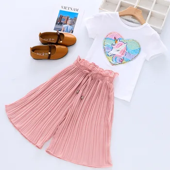 

Unicorn Summer Girls Clothes Sets Cotton White T-shirt + Chiffon Wide Leg Pants 2PCS Fashion Children Clothing Kids Baby Clothes