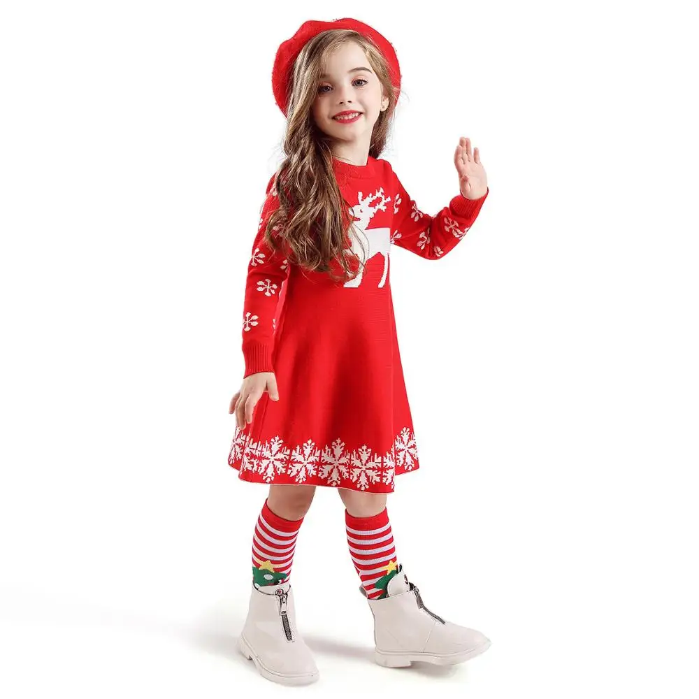 Красное рождественское платье для девочек Детские платья с длинными рукавами и принтом оленей и снежинок для девочек, новогодние вечерние платья для детей - Цвет: Only dress 2