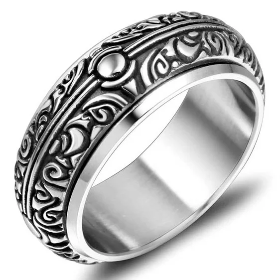 Vintage Silver Color Винтажные мужские кольца с рисунком, мужские, никогда не выцветают, золотые, вращающиеся кольца из нержавеющей стали для мужчин, вечерние, байкерские ювелирные аксессуары, Новинка - Цвет основного камня: Vintage Silver Color