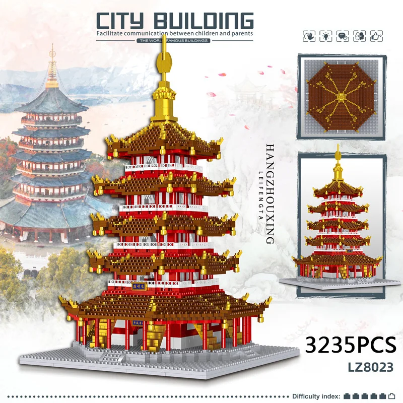 

China Famous Historical Cultural Architecture Micro Diamond Block Leifeng Pagoda Nanobrick Tower Build Brick Toy Collection