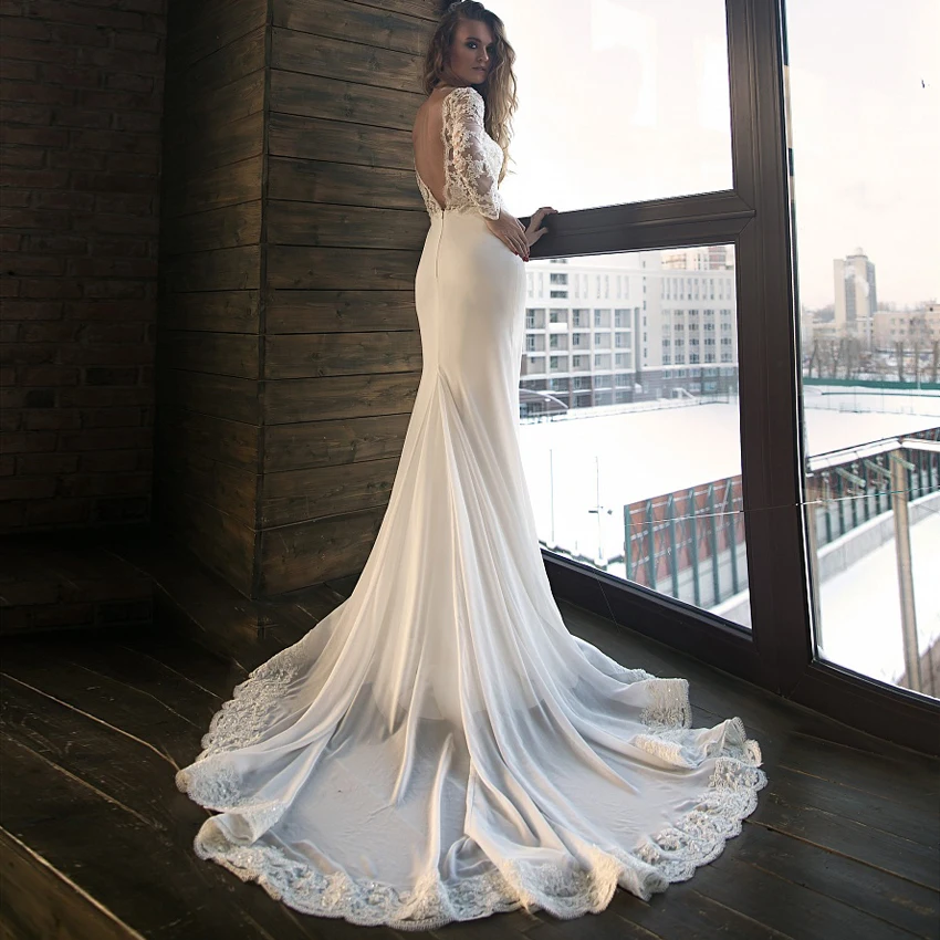 Очаровательные свадебные платья русалки Vestido De Noiva платье с круглым вырезом и длинными рукавами Бисероплетение блестками шифоновое свадебное платье Robe Mariee V back