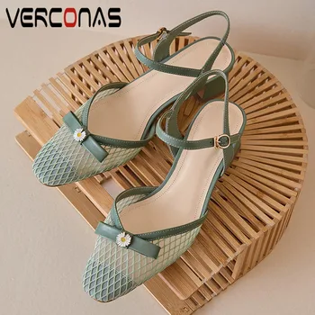 

VERCONAS 2020 Fashion Woman Pumps Genuine Leather Summer Butterfly-Knot Woman Sandals Square Toe Square High Heeled Shoes Woman