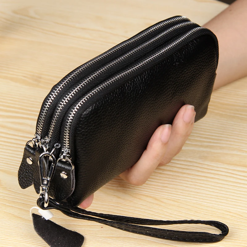 Longa de Couro Bolsa do Telefone Mulheres Carteira Genuíno Zíper Bolsa Grande Capacidade Wristlet Embreagem Carteiras Dinheiro Bolsas mj 3-camada