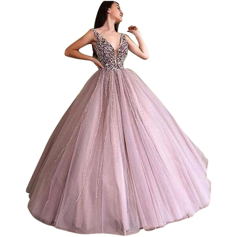 Бальные платья с бисером Quinceanera 2020 бальные глубоким v образным вырезом и открытой