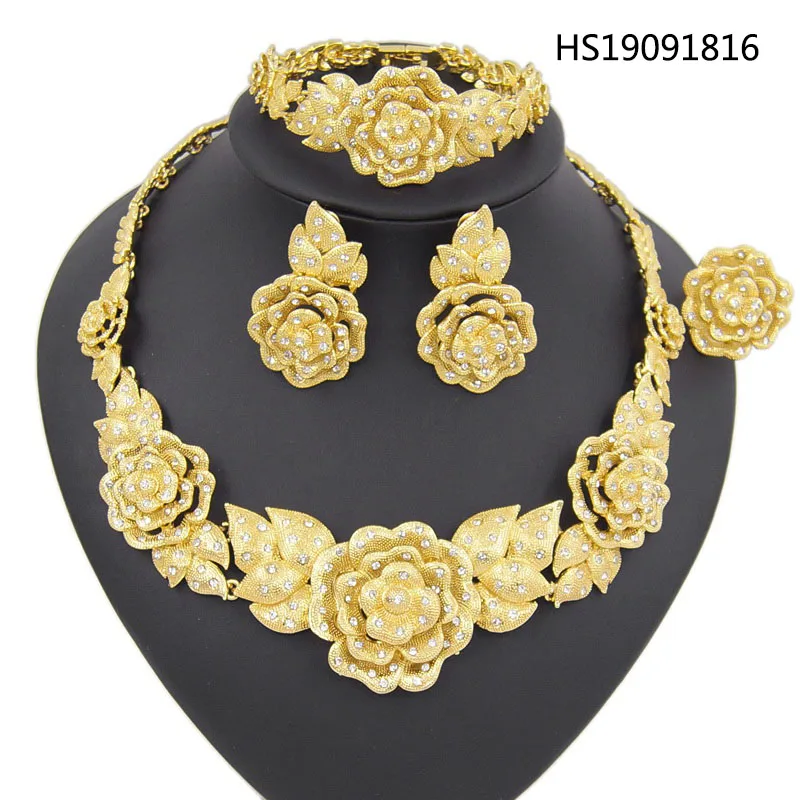 

Yulaili New Dubai Gold Jewelry Sets for Women Cubic Zircon Flower Shape Charm Necklace Earrings Bracelet Ring Party Jewellery