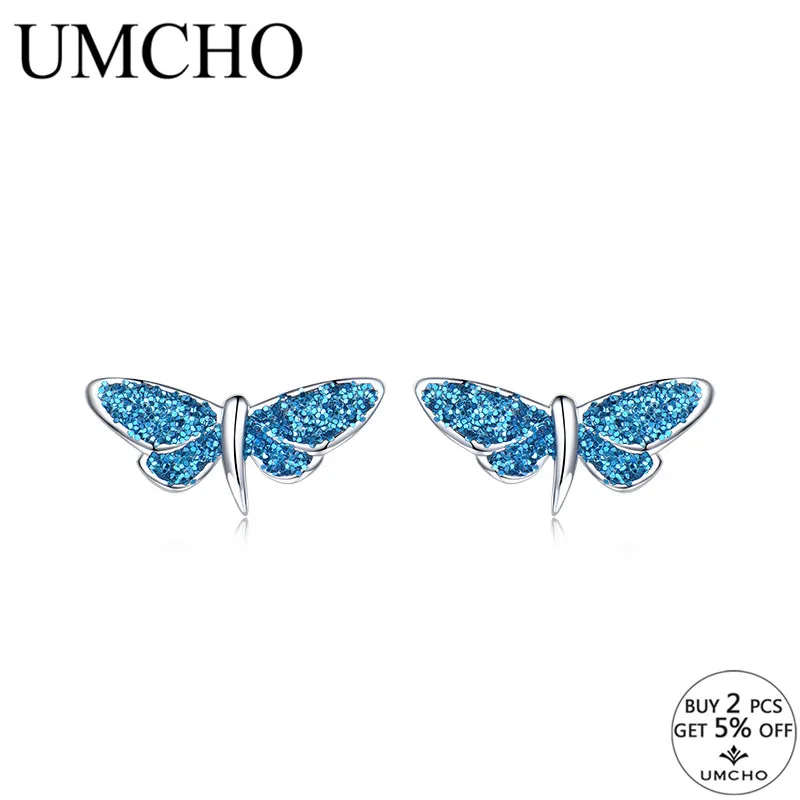 UMCHO синяя стрекоза с блестками серьги гвоздики Настоящее серебро 925 пробы ювелирные изделия романтичные серьги для женщин милый подарок на день рождения
