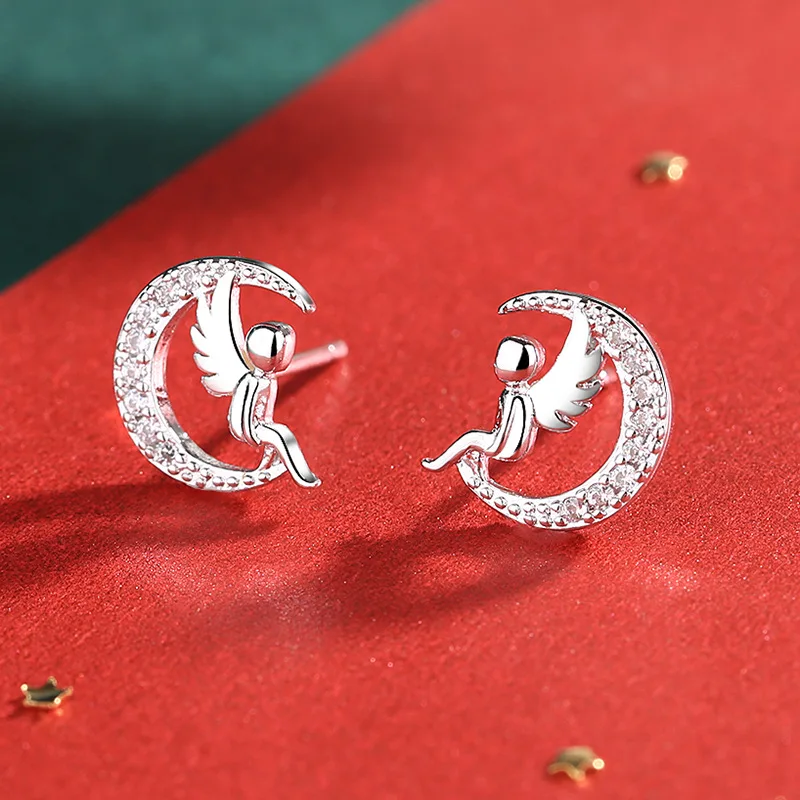 Серьги-гвоздики женские из серебра 925 пробы в форме ангела и Луны свадебные