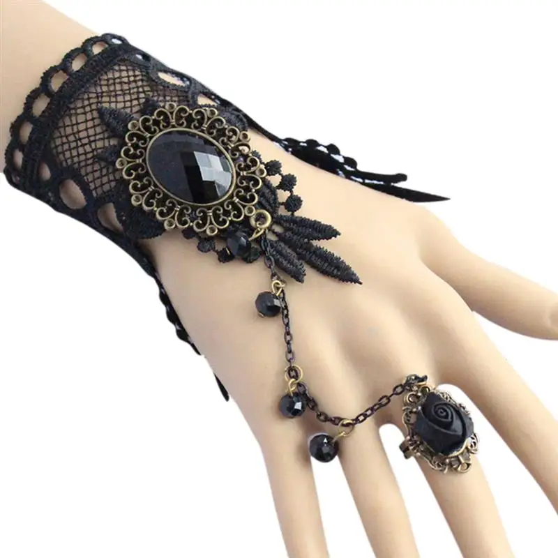 1pc Handmade Gothic Style Retro Lace Bracelet With Ring Wedding Wristband Decor Jewelry Accessories For Women Party Dress Up bracelet jewelry