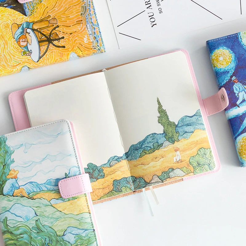 

1pc A5 Van Gogh Cute Leather Pocket Bullet Journal Planner Filofax Weekly Diary Travelers Notebook With Colored Pages Stationery