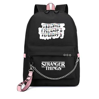 

Stranger Things Canvas Backpack USB Charge Women Student Backpack Letters Print School Bag Teenager Girl Ribbons Laptop Backpack