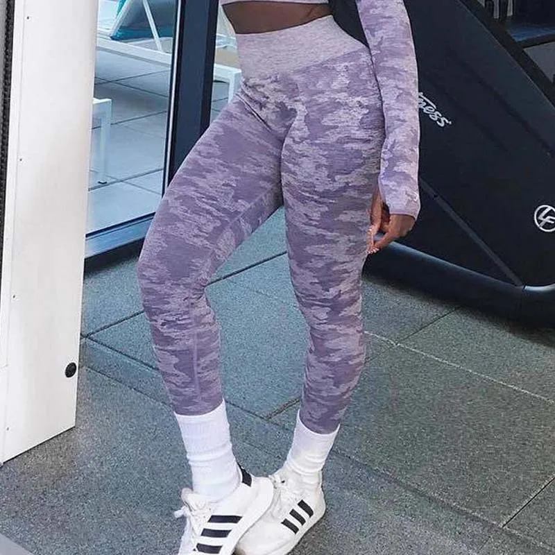 New Camo Seamless Leggings Women High Waist Push Up Elastic Shark Fitness Yoga Pants Gym Tight Camouflage Sport Leggings - Цвет: LavenderGray