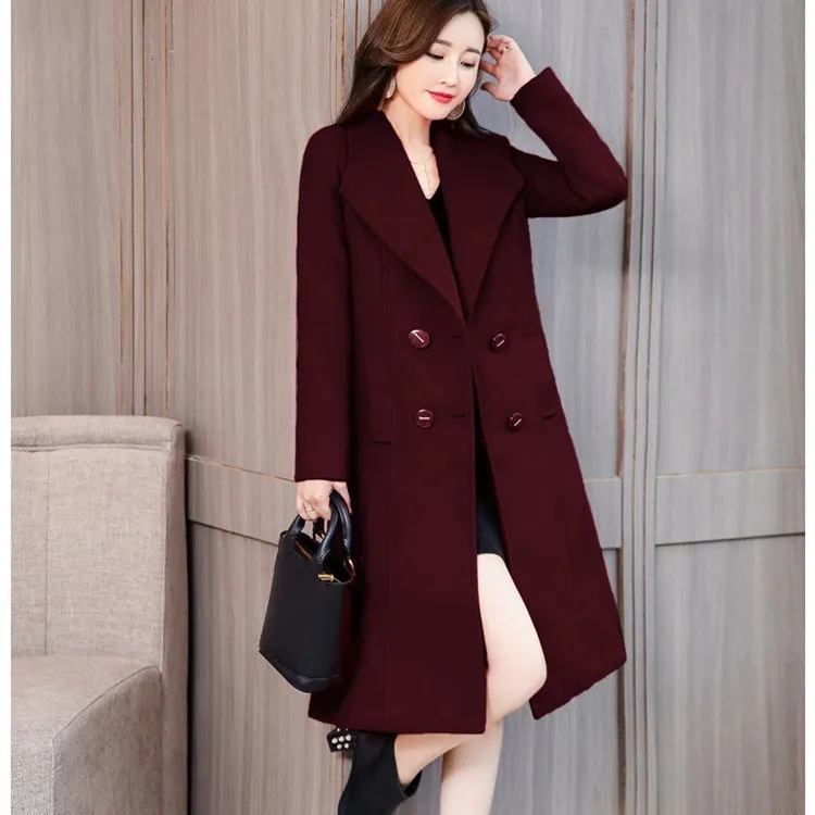 Новое осенне-зимнее женское тонкое шерстяное Пальто Повседневное длинное кашемировое пальто с отложным воротником Черное Красное бордовое пальто размера плюс