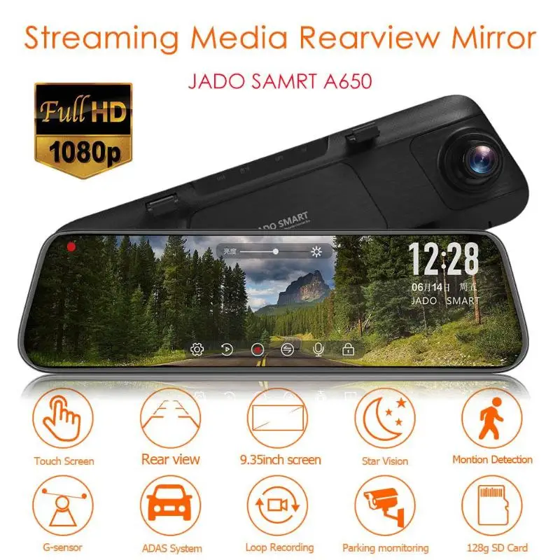 JADO A650 поток медиа ADAS зеркало заднего вида Цифровой видеорегистратор камера 9,3" ips сенсорный экран Full HD 1080P ночного видения