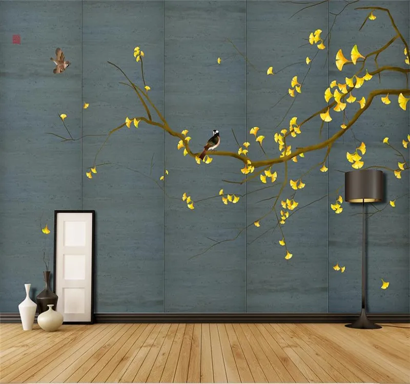 XUE SU Custom mural wallpaper home decoration Chinese style hand-painted ginkgo gongbi flowers and birds background wall