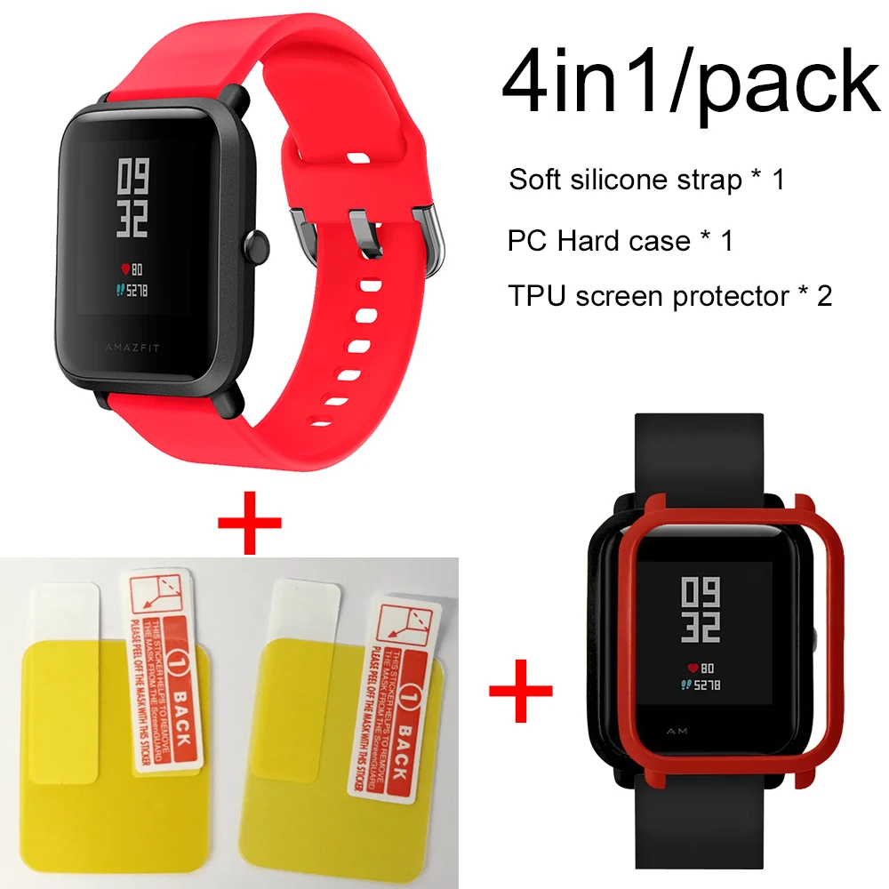 4в1 силиконовый ремешок спортивный браслет чехол для Xiaomi Huami Amazfit Bip BIT умные часы аксессуары - Цвет: Red-red case