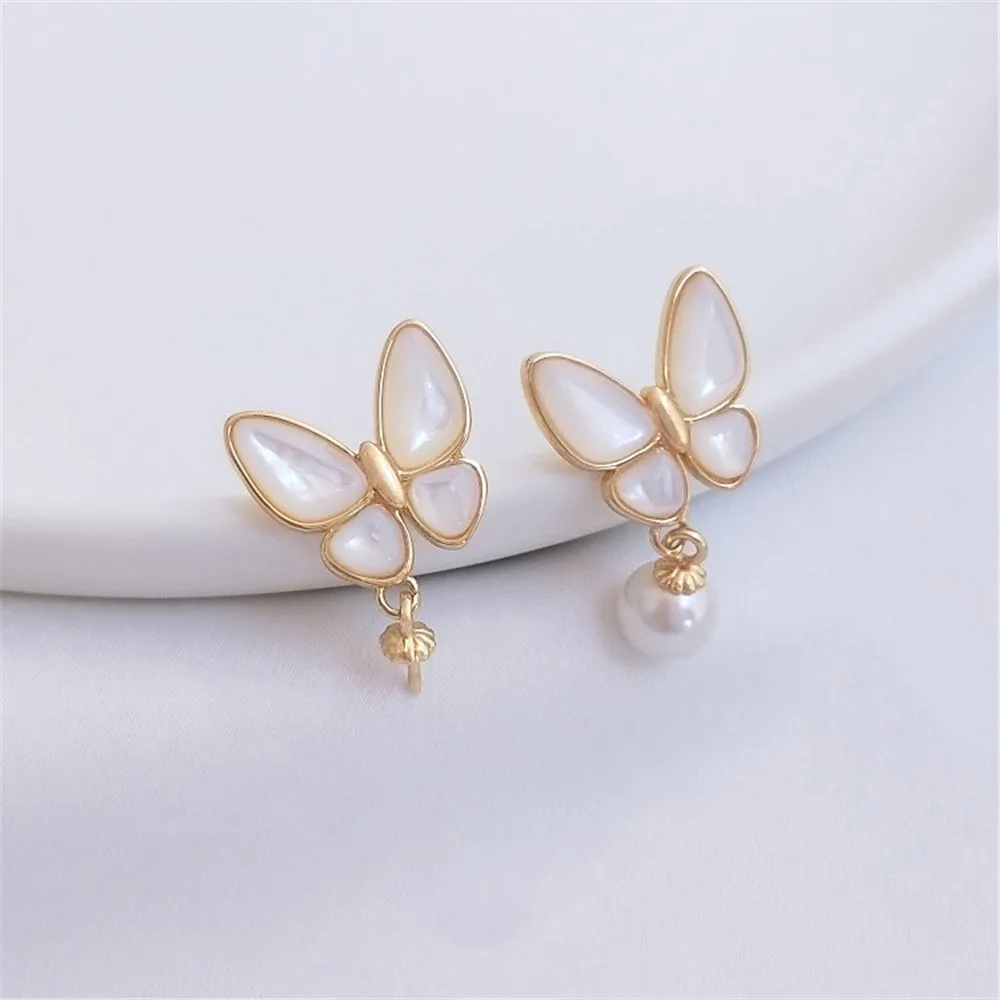 Natural sea color shell butterfly earring, sheep eye, pearl holder, 925 silver needle earring, 14K gold color DIY earring