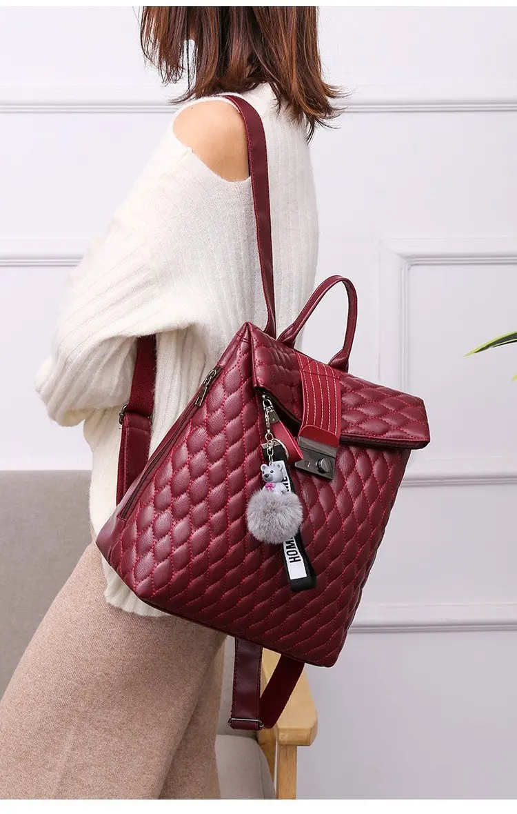 2019 Brand Designer Women's Quilted Leather Backpack Purse Ladies Fashion Leisure Rucksacks Anti Theft Backpacks with Lock Black (13)