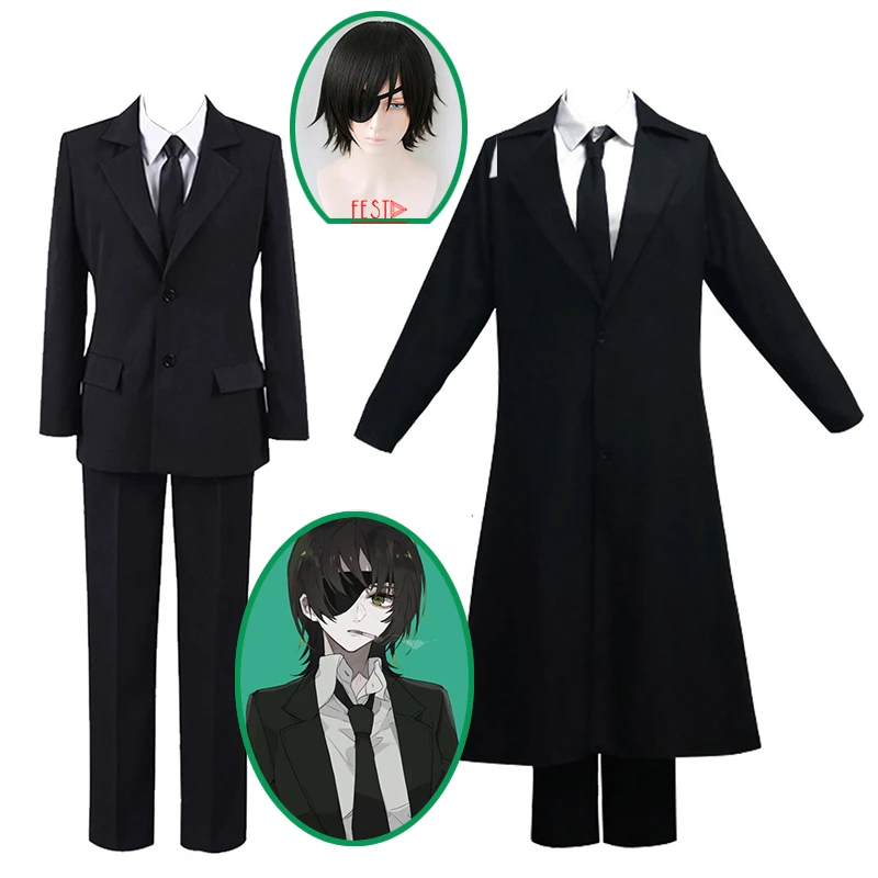 2styles Anime Chainsaw Man Himeno Cosplay Costumes Wigs Blindfold Short or Long Coat Pants Shirt Tie Halloween Party Role Play halloween outfits