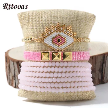 

Rttooas MIYUKI Evil Eye Bracelets Turkish Evil Eye Jewelry Pink Crystal Tassel Bracelets Bileklik Pulsera Mujer 2020 Handmade