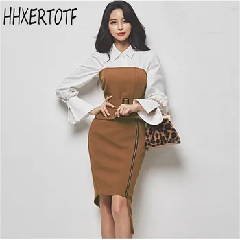 

Spring autumn Korean Office 2/3 Suits Set Sheath Casual Pencil Skirt Sets Women Sexy Flare Sleeve Shirt Blouse And Skirts Suit