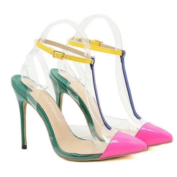 yellow box flip flops Rose Red Color Matching Transparent Pvc Pointed Toe Stiletto Heels Buckle Splicing High-Heeled Sandals 12 Cm Summer 2021 35-42 women's sandal heels