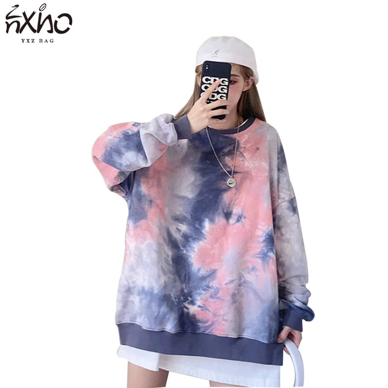 Fashion Tie-dye Women Clothes Loose Long-Sleeves Streetwear Trend Female Tops O-neck Hooded Thin Personality Korean Hoodies