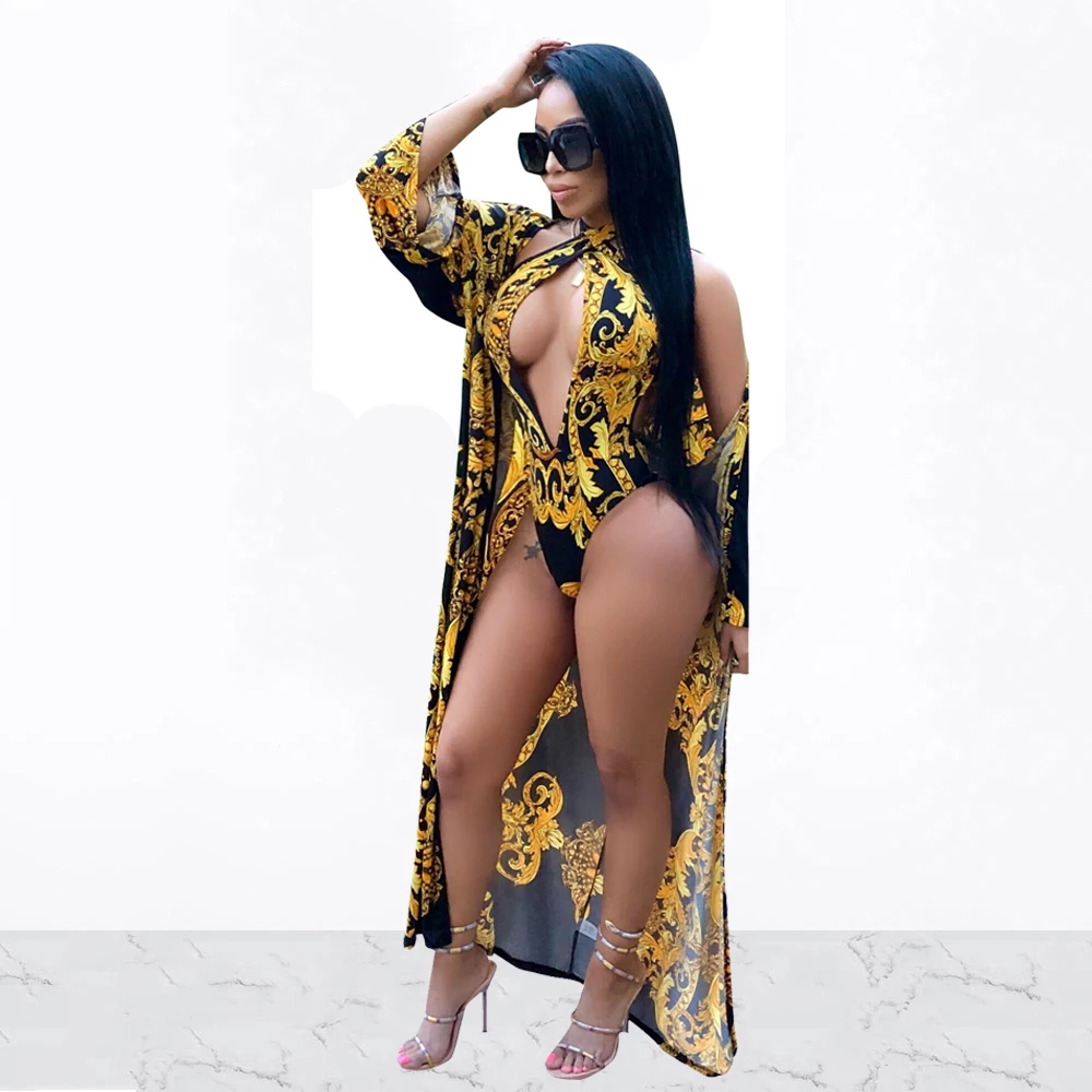 

Women Sexy Halter Hollow Off Shoulder Backless Playsuits+Print Sunscreen Long Sleeve Cloak 2 Piece Set Summer Beach Style Suit