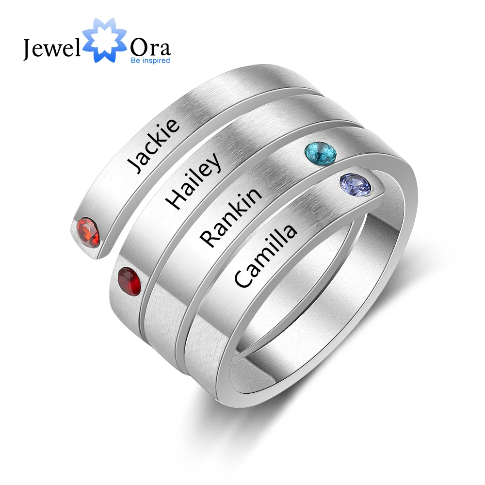 Персонализированные штабелируемые кольца из нержавеющей стали для женщин, выгравированное именное кольцо с 4 камнями по месяцу рождения, индивидуальный семейный подарок, ювелирные изделия RI103803