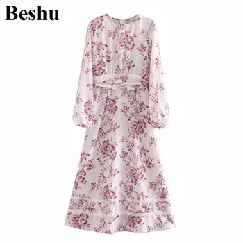 

Za 2019 Fashion Midi Dresses Women O-neck White Chiffon Cotton Floral Print Sashes Dress Lantern Sleeve A Line Vestidos Mujer